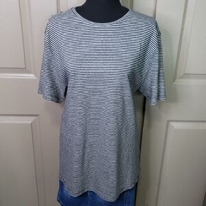 NWT Stitch🎶Note Navy White Striped Short Sleeve Hemp Cotton Top Size Large